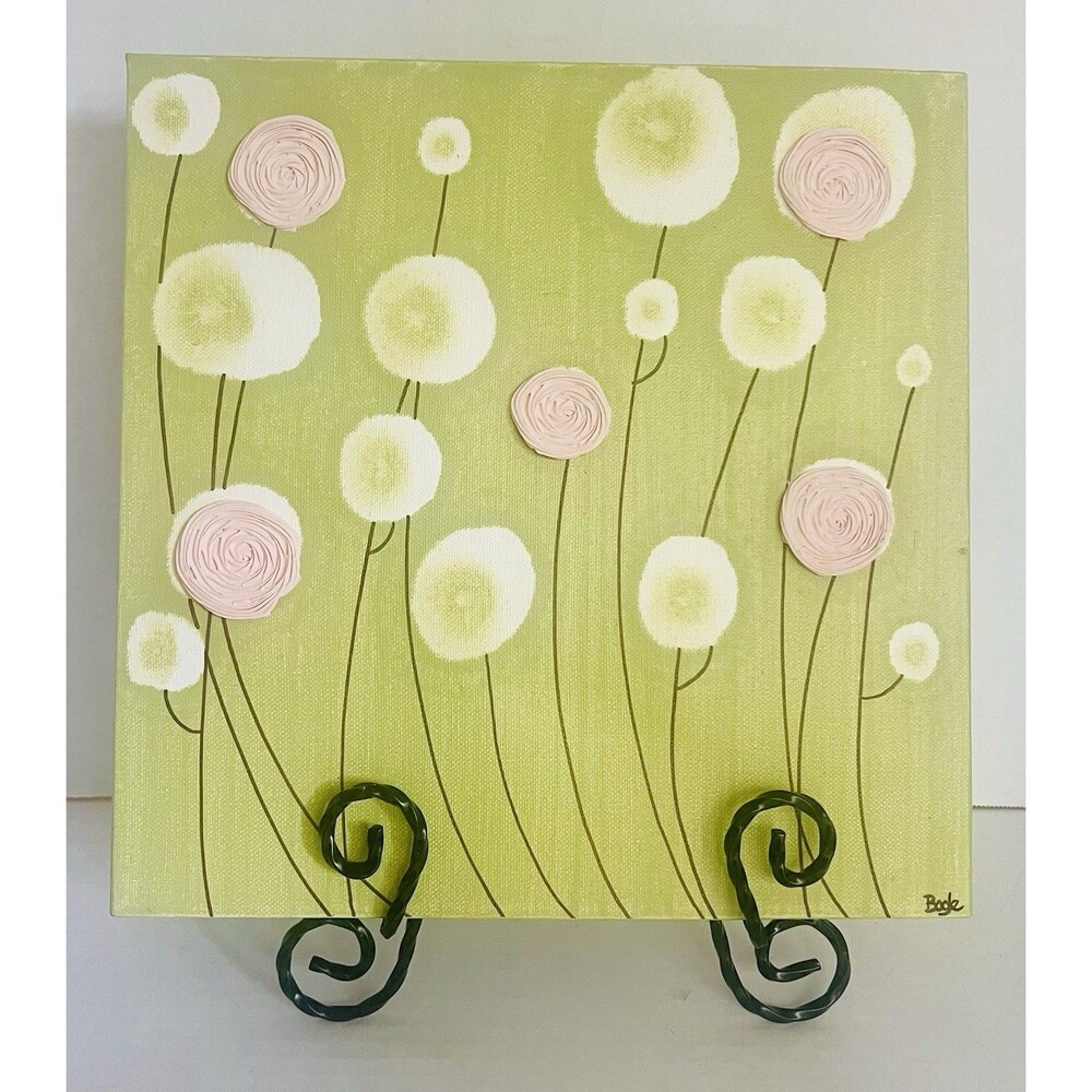 Original Amborela Textured Wall Art Hand Painted Green Pink Sculpted 3-D Flowers
